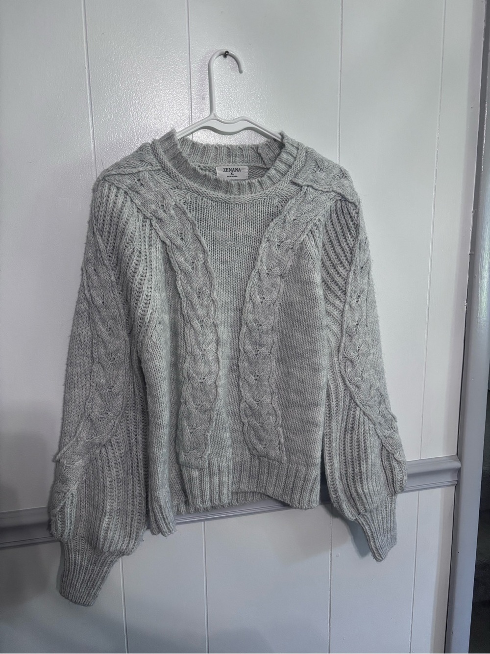 Zenana Outfitters Light Gray Cable Knit Crewneck Sweater